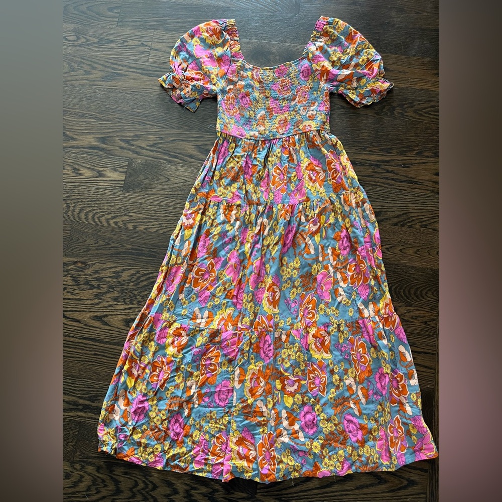 Medium Zesica Smoked bodice tiered floral maxi dress puff sleeve bright colored